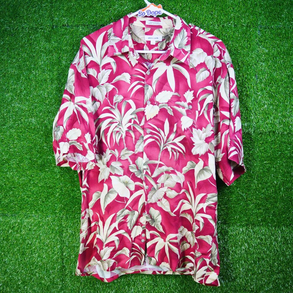Vintage Pierre‎ Cardin Red and Cream Hawaiian Shirt 100% Rayon - Men's Size L